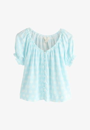 Light blue blouse with white polka dots, short puffed sleeves with ruffles, front buttons, and gathered neckline and cuffs.