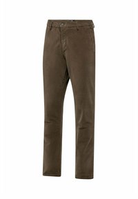 Brązowe spodnie z korduroy w slim fit, z zapięciem na guziki, kieszeniami bocznymi i miękkim, teksturowanym wykończeniem.