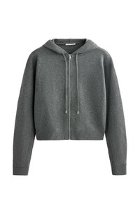 Hoodie tricotat în gri închis, cu fermoar, cu mâneci lungi, manșete și tiv cu lucru în relief și glugă cu șnur.