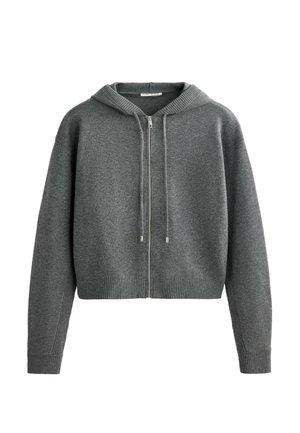 Dunkelgraue gestrickte Zip-Hoodie mit langen Ärmeln, gerippten Bündchen und Saum sowie Kapuze mit Kordelzug.