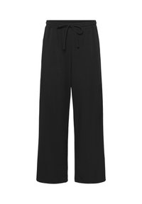 Melnas platās bikses, kas izgatavotas no mīksta materiāla, ar elastīgu jostasvieta un auklu, bez redzamām atnmienām vai rotājumiem.