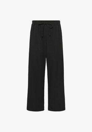 Fekete, bőszárú nadrág, puha anyagból készült, rugalmas derékkal és húzózsinórral, látható minták vagy díszítések nélkül.