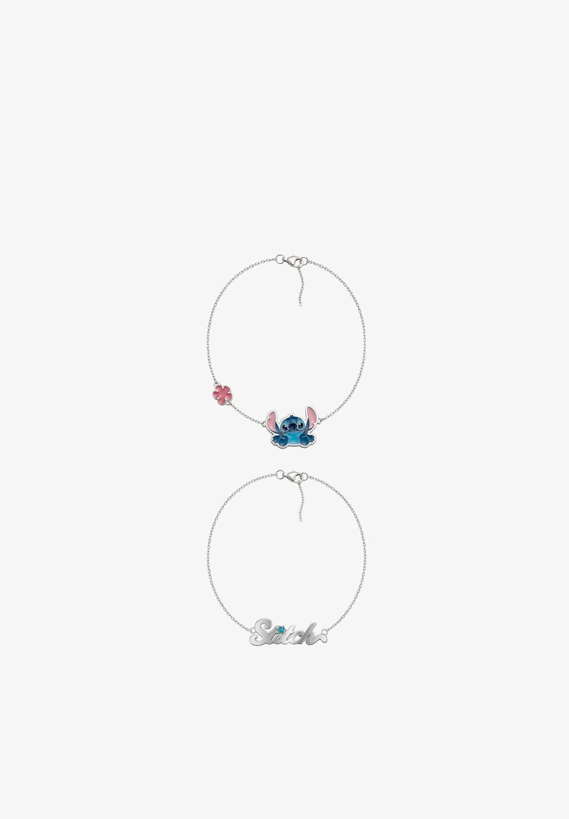 Braccialetti a catena d'argento con ciondolo raffigurante il personaggio Stitch con un fiore rosa e un ciondolo con la scritta "Stitch" con una piccola gemma blu.