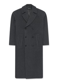 Grå ull dubbelknäppt rock med slagkrage, två framfickor och knäppning med knappar. Slät textur och skräddarsydd design.