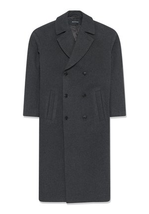 Siv ali plašč z dvojno zapenjanjem, z nazobčanim ovratnikom, dvema sprednjima žepoma in gumbom za zapiranje. Gladka tekstura in krojen slog.