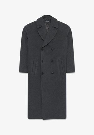 Pelēka vilnas divrindu jaka ar izgrieztu apkakli, divām priekšējām kabatām un pogu aizdari. Gluda struktūra un pielāgota forma.