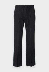 Black sweatpants with a drawstring waist, flat front, and straight legs. Features green accents along the side seams. Soft fabric texture.