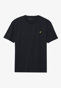 Tricou negru din bumbac, cu mâneci scurte, gât rotund și un mic logo brodat în aur pe partea stângă a pieptului. Textură netedă, design casual.