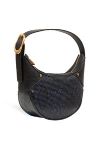 Hobo bag in black leather with a textured blue snake print. Features a rounded shape, gold hardware, and a zippered closure.