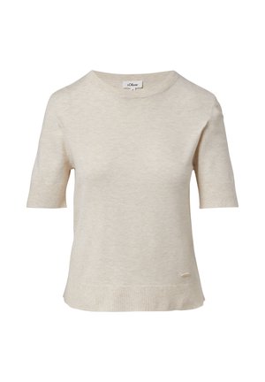 Korte mouw crèmekleurige sweater van zachte stof, met een ronde halslijn en subtiele stiksels, voorzien van een klein logo accent nabij de zoom.