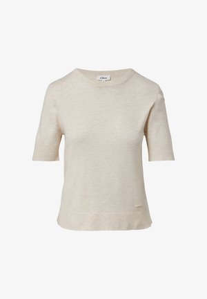 Korte mouw crèmekleurige sweater van zachte stof, met een ronde halslijn en subtiele stiksels, voorzien van een klein logo accent nabij de zoom.