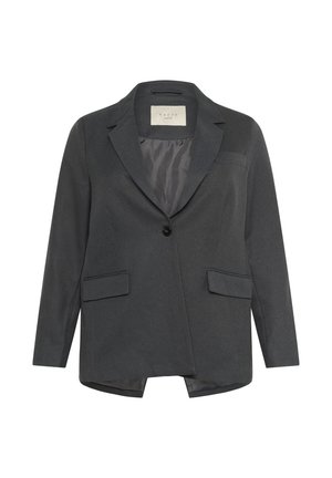 Dark gray blazer with a notched lapel, single black button closure, two front pockets, and a smooth interior lining.