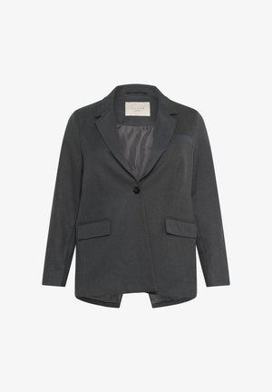 Dark gray blazer with a notched lapel, single black button closure, two front pockets, and a smooth interior lining.