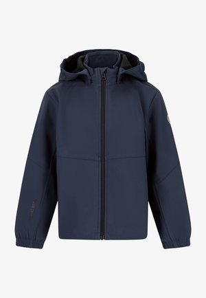 Marineblå vandtæt jakke med hætte, fuld lynlås foran, elastiske ærmegab og to sidelommer. Glat tekstur, minimalistisk design.