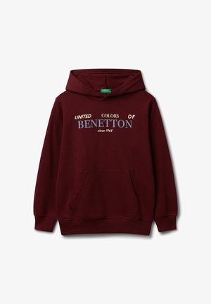 Felpa maroon con tasca frontale, polsini a costine e testo "United Colors of Benetton dal 1965" in caratteri misti beige e blu.