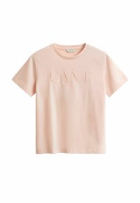 Pinkes Baumwoll-T-Shirt mit Rundhalsausschnitt, kurzen Ärmeln und geprägt "GANT"-Logo auf der Vorderseite. Glatte Textur und entspannter Schnitt.