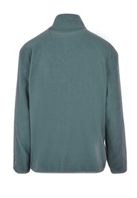 Fleece takki himmeällä teal-värillä, jossa on korkea kaulus, pitkät hihat ja sileä pinta. Reunoilla harmaata yksityiskohtaa.