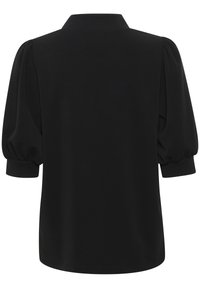 Top noir à manches bouffantes avec un col. Tissu doux, coupe ajustée et manches froncées pour plus de volume.