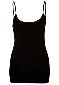 Black tank top with thin straps, made of soft fabric. Features a scoop neckline and a fitted silhouette with no patterns or embellishments.