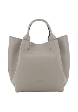 Grey leather tote bag with rounded top, dual short handles, and textured surface. Minimalist design with a subtle logo on the front.