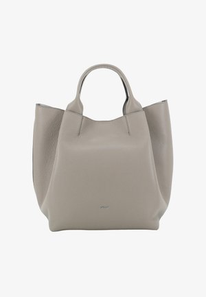 Graue Ledertasche mit abgerundetem oberen Teil, zwei kurzen Griffen und strukturierter Oberfläche. Minimalistisches Design mit einem dezenten Logo auf der Vorderseite.