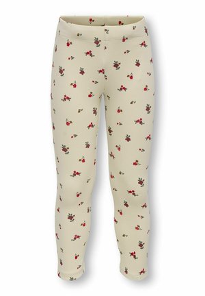 Flødefarvede ribstrikkede leggings med lille rød og brun blomsterprint, elastisk taljebånd og ankellængde.