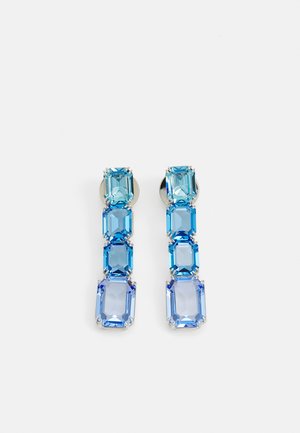 Blue gemstone earrings featuring rectangular stones in varying shades, set in silver, with a linear design and polished surfaces.