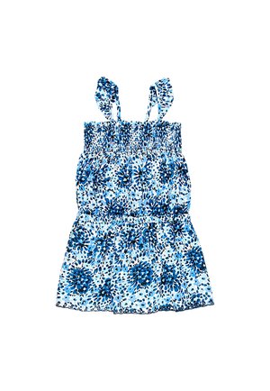 Robe d'été sans manches bleue et blanche à motif floral, avec un corsage froncé et des bretelles volantées pour enfant.