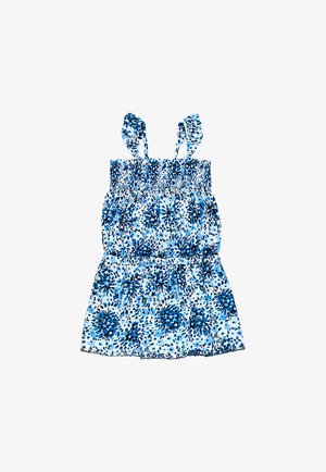 Mouwloze blauwe en witte zomerse jurk met bloemenprint, gerimpeld lijfje en gerimpelde schouderbandjes voor een kind.