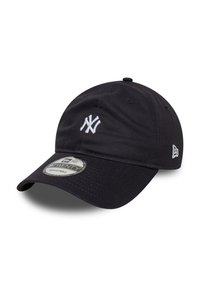 Black cap made of cotton with adjustable strap. Features a white embroidered logo on the front and a curved visor. Texture is smooth.