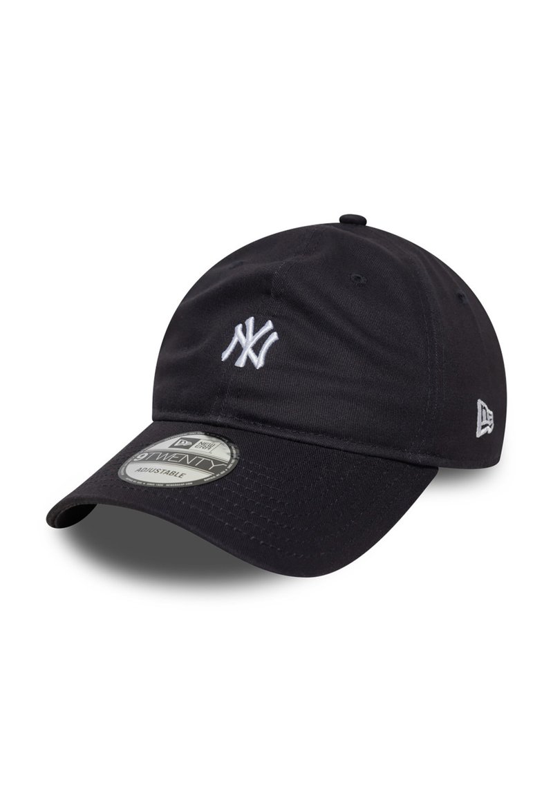 Black cap made of cotton with adjustable strap. Features a white embroidered logo on the front and a curved visor. Texture is smooth.
