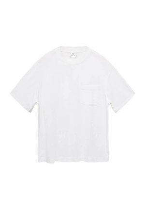 T-shirt bianca a maniche corte in cotone con colletto a girocollo e una singola tasca sul petto. Tessuto liscio, vestibilità comoda e senza motivi visibili.