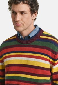 Multikleurige gestreepte trui met een ronde hals. Bevat horizontale strepen in rood, geel, groen, blauw en wit. Zachte gebreide textuur.