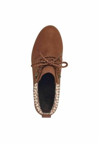 Brown suede ankle boot with woven brown laces, square toe, and a checked inner lining. Features two eyelets for laces and a cushioned interior.