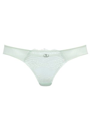 String en dentelle vert clair avec un motif floral, en matériau semi-transparent, et un accent décoratif à double anneau à l'avant.