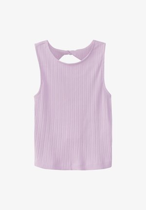 Top sans manches lilas avec une texture côtelée, un col rond et un design à dos clé avec un détail noué.