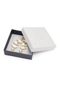 Goldfarbene Ohrringe in einer organischen, fließenden Form, präsentiert in einer schwarzen Box mit grauem samtgefüttertem Innenraum und einem weißen strukturierten Deckel.