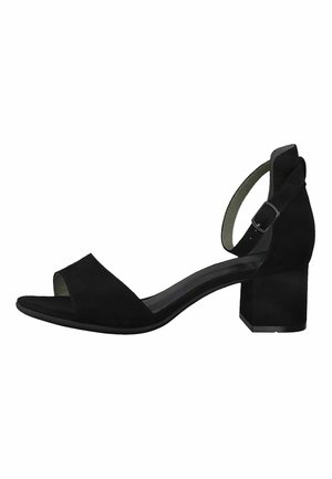 Czarne zamszowe sandały z otwartym palcem, paskiem na kostkę i niskim blokowym obcasem. Gładka tekstura i minimalistyczny design z pojedynczym paskiem na stopie.