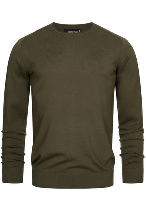 Olivenfarvet sweater lavet af blødt strikmateriale, med rund halsudskæring, lange ærmer og ribbet manchetter og søm. Uden mønstre eller udsmykninger.
