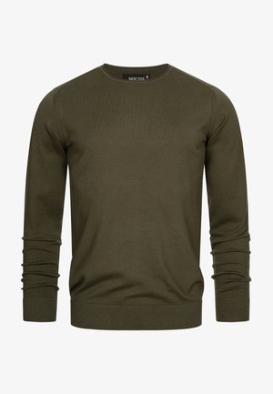 Olijfgroene trui van een zachte breimateriaal, met een ronde hals, lange mouwen en geribde manchetten en zoom. Geen patronen of versieringen.
