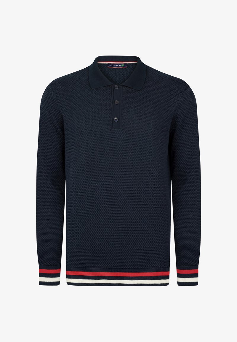 Námořnická modrá polokošile s dlouhým rukávem a texturovaným vzorem, tři knoflíky na límci a pruhovaný lem v červeno-bílo-modré kombinaci.