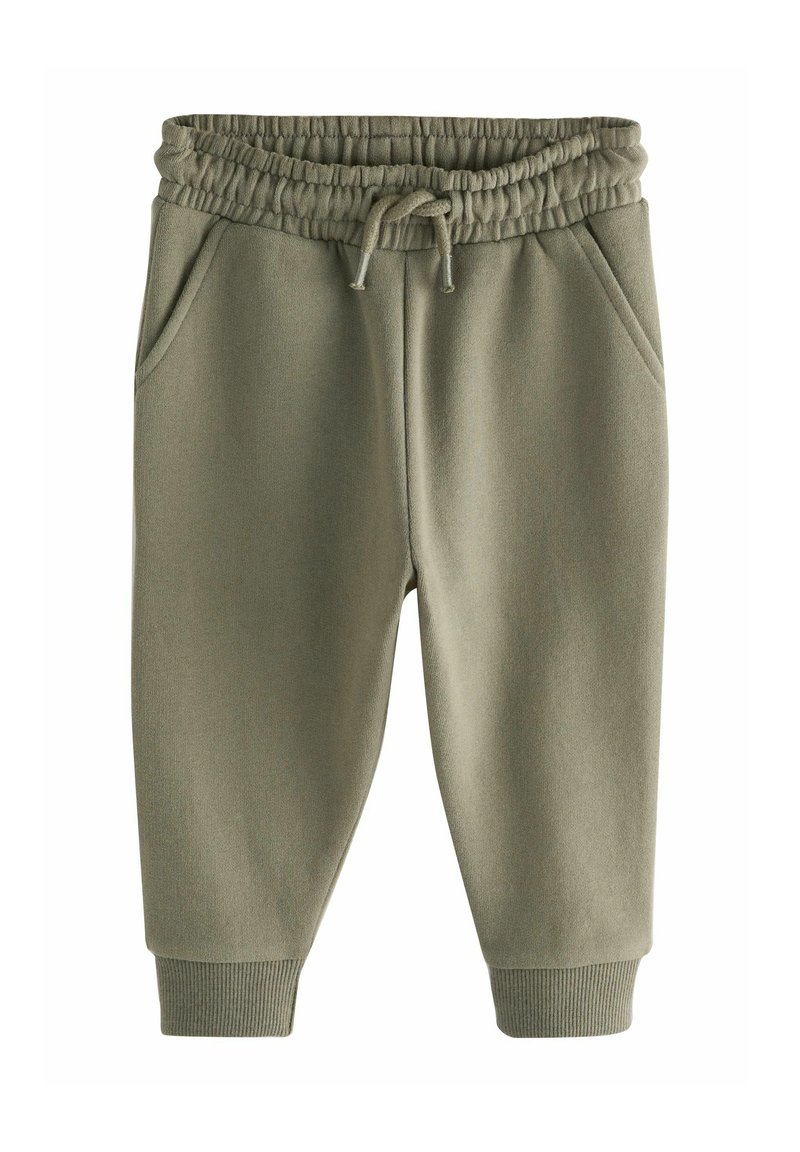 Pantalons de jogging pour tout-petit en vert olive avec une taille élastique, cordon de serrage, poches latérales et poignets côtelés sur fond blanc.