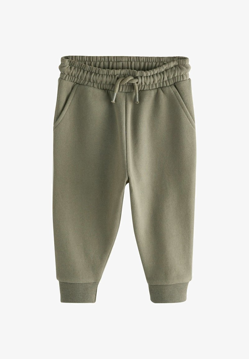 Oliven grønne børnesweatpants med elastisk talje, snøre, sidelommer og ribbede manchetter på hvid baggrund.