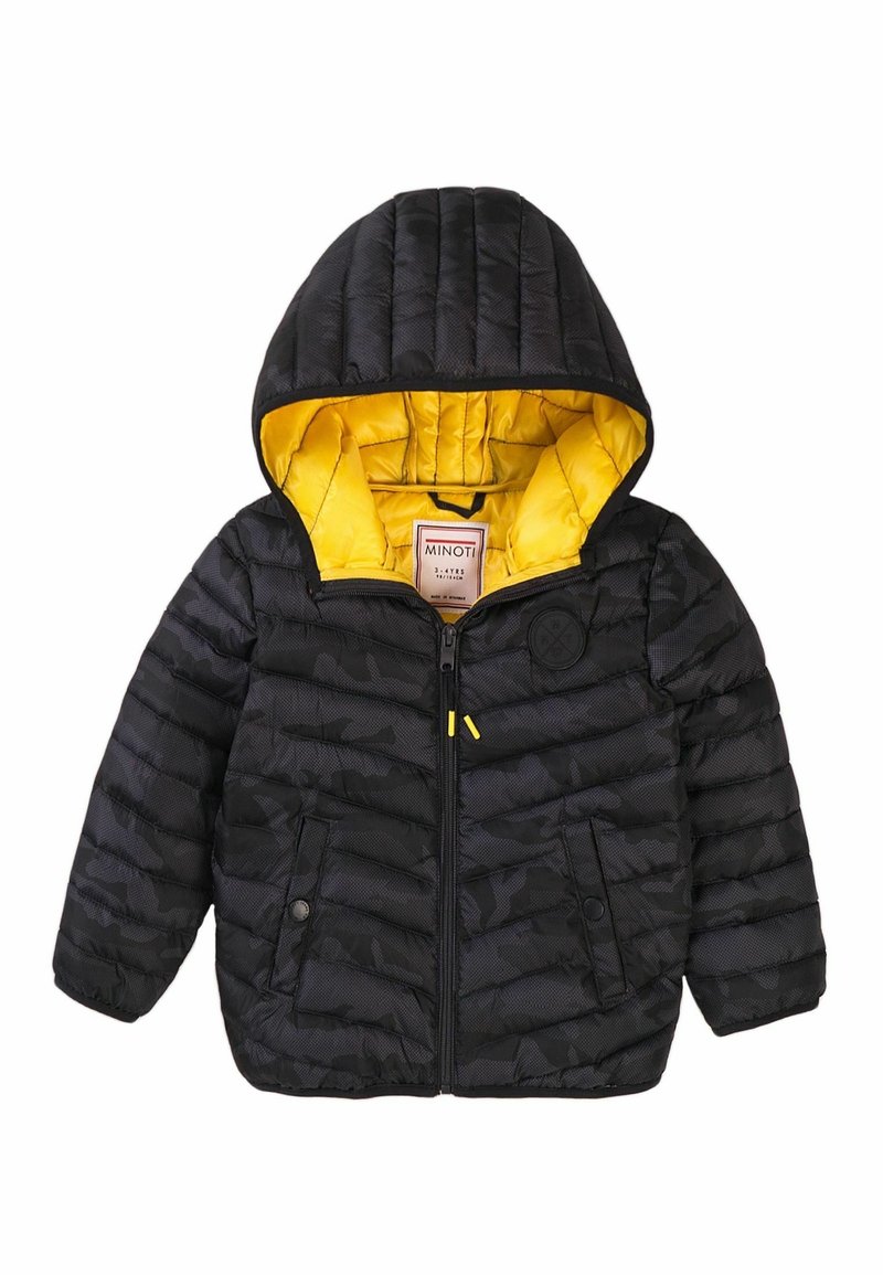 Doudoune noire avec capuche, présentant un intérieur jaune, une texture matelassée, deux poches avant et une fermeture éclair avec des accents jaunes.