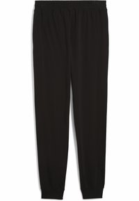 Zwarte joggingsbroek gemaakt van zachte stof, met een elastische tailleband en taps toelopende enkels. Glad oppervlak zonder zichtbare patronen of accenten.