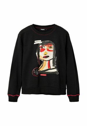 Sort langærmet sweatshirt med røde syninger, der har abstrakt ansigtskunst i rød, beige og sort med håndskrevet tekst og en rød cirklet brøk.