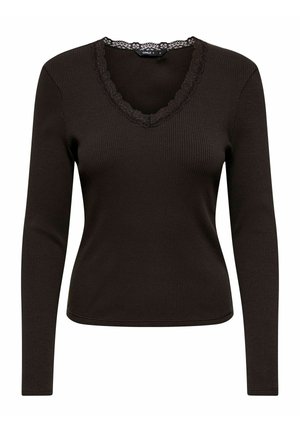 Donkerbruin geribd shirt met lange mouwen, V-hals met kanten rand en een aansluitende pasvorm.