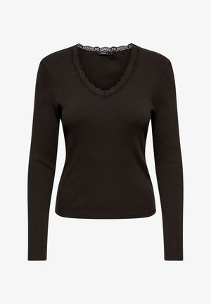 Mørkebrunt ribbet langærmet top med V-udskæring kantet med blonder og tætsiddende silhuet.