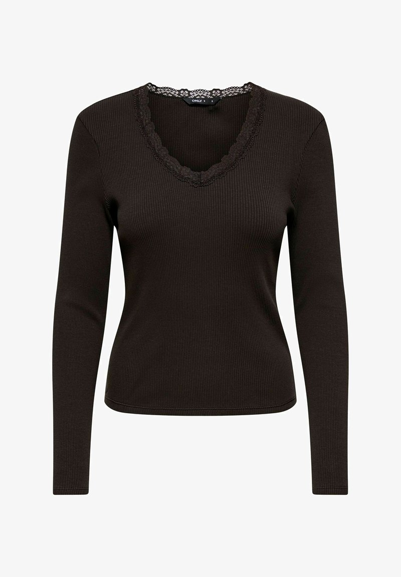 Mørkebrunt ribbet langærmet top med V-udskæring kantet med blonder og tætsiddende silhuet.