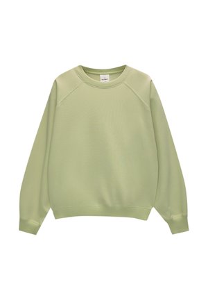 Light green sweatshirt made of soft fabric, featuring a crewneck, raglan sleeves, and ribbed cuffs and hem. Simple and smooth texture.